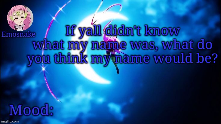 Emosnake's Mitsuri template | If yall didn't know what my name was, what do you think my name would be? | image tagged in emosnake's mitsuri template | made w/ Imgflip meme maker