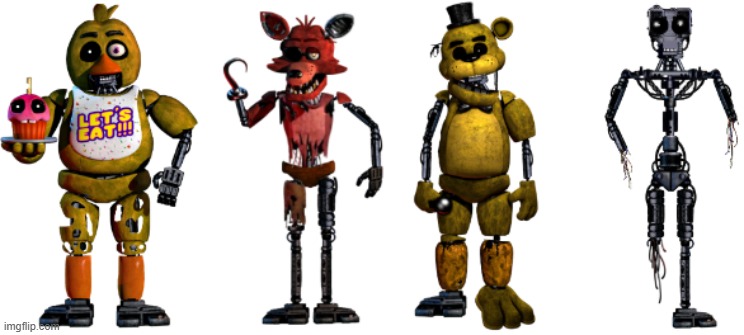 Withered FNAF 1 Chica, Foxy, Golden Freddy, And Endo 1 | image tagged in fnaf | made w/ Imgflip meme maker