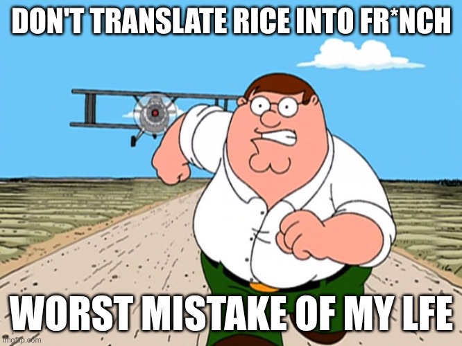 Peter Griffin running away | DON'T TRANSLATE RICE INTO FR*NCH; WORST MISTAKE OF MY LFE | image tagged in peter griffin running away | made w/ Imgflip meme maker
