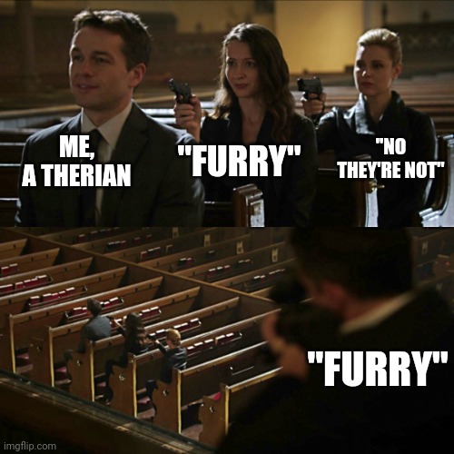 Always the ol' furry insult ? | ME, A THERIAN; "FURRY"; "NO THEY'RE NOT"; "FURRY" | image tagged in therian | made w/ Imgflip meme maker