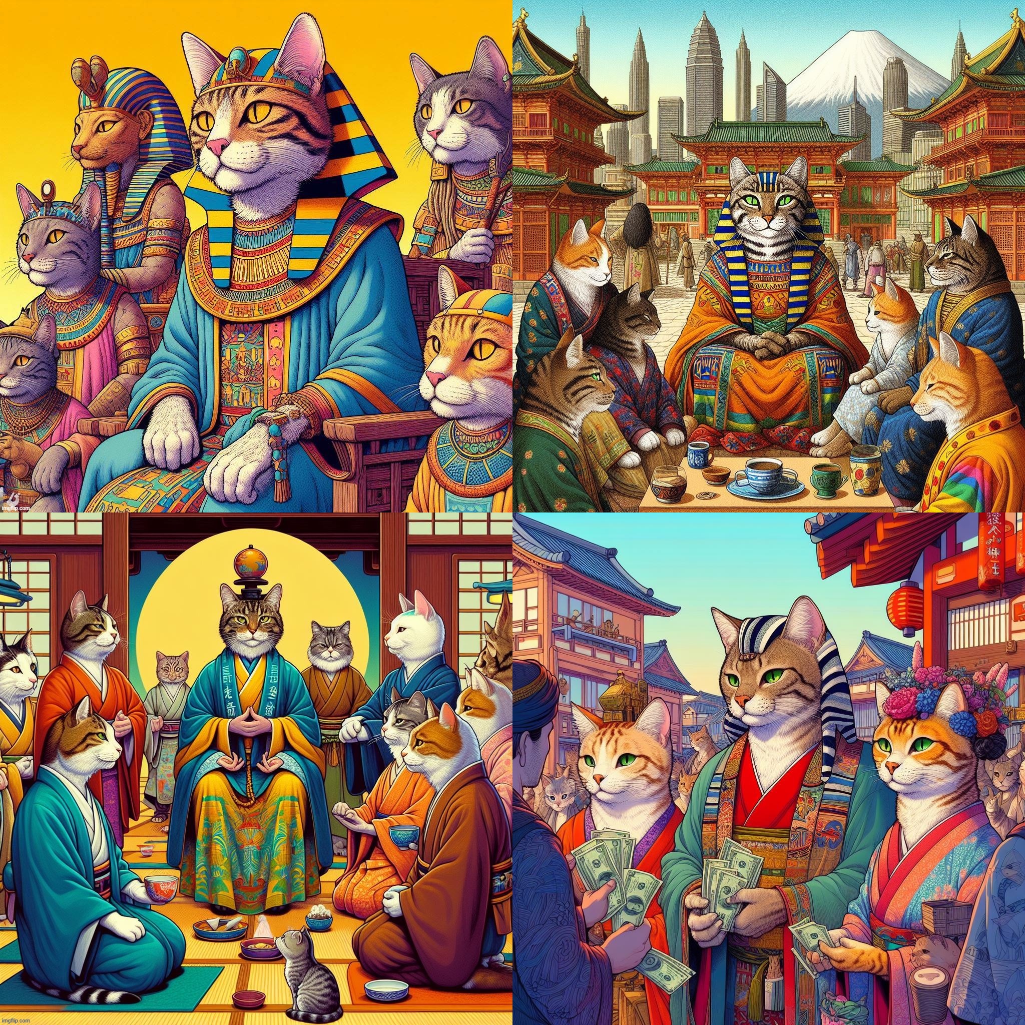 AI Bing Anthro Cat society based on ancient Egypt, Feudal Japan, and Modern Americana. Bottom right make it rain!!! | image tagged in ai generated,anthro,cat,egypt,japan,coming to america | made w/ Imgflip meme maker
