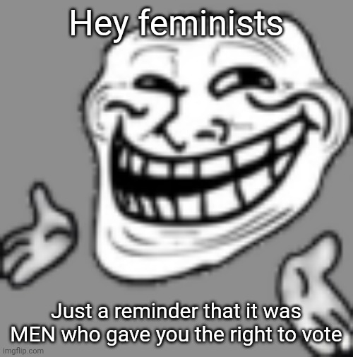 >:D | Hey feminists; Just a reminder that it was MEN who gave you the right to vote | image tagged in troll shrug | made w/ Imgflip meme maker