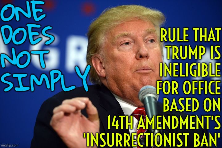 Colorado’s historic ruling that Trump is ineligible for office | ONE
DOES
NOT
SIMPLY; RULE THAT
TRUMP IS
INELIGIBLE
FOR OFFICE
BASED ON
14TH AMENDMENT'S
'INSURRECTIONIST BAN' | image tagged in one does not simply | made w/ Imgflip meme maker