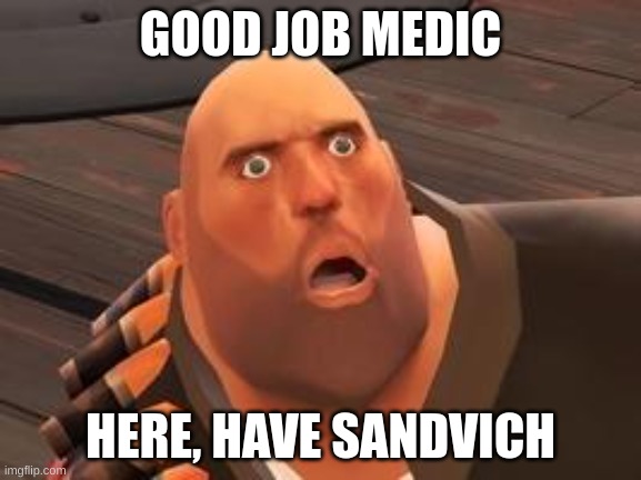 TF2 Heavy | GOOD JOB MEDIC HERE, HAVE SANDVICH | image tagged in tf2 heavy | made w/ Imgflip meme maker