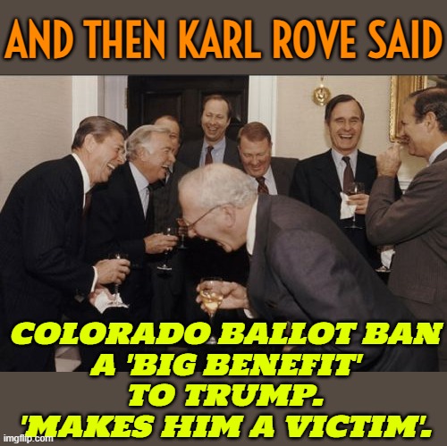 Colorado ballot ban a 'big benefit' to Trump, Karl Rove says | AND THEN KARL ROVE SAID; COLORADO BALLOT BAN
A 'BIG BENEFIT'
TO TRUMP.
'MAKES HIM A VICTIM'. | image tagged in memes,laughing men in suits,fox news,lol so funny,politics lol,donald trump approves | made w/ Imgflip meme maker