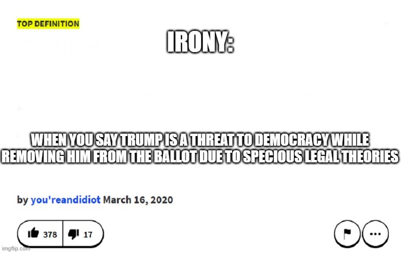 blank urban dictionary | IRONY:; WHEN YOU SAY TRUMP IS A THREAT TO DEMOCRACY WHILE REMOVING HIM FROM THE BALLOT DUE TO SPECIOUS LEGAL THEORIES | image tagged in blank urban dictionary | made w/ Imgflip meme maker
