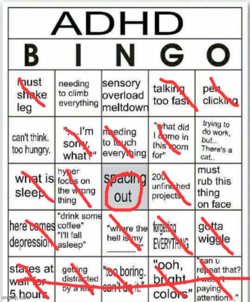 My entry | image tagged in adhd bingo | made w/ Imgflip meme maker
