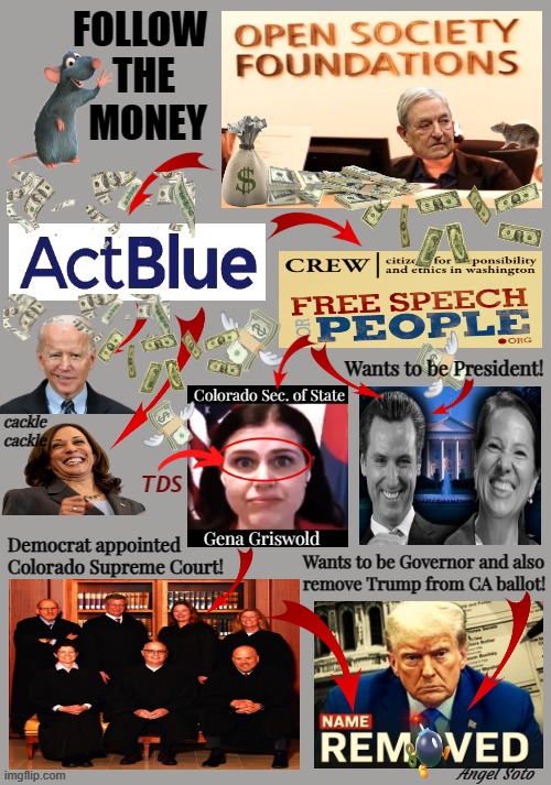 follow the money montage to remove trump | Wants to be President! cackle
cackle; Democrat appointed
Colorado Supreme Court! Wants to be Governor and also
remove Trump from CA ballot! Angel Soto | image tagged in president trump,presidential election,george soros,election interference,rigged elections,corruption | made w/ Imgflip meme maker