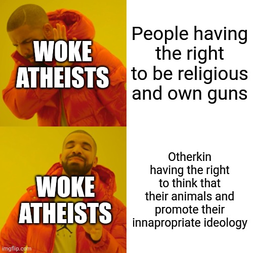 Woke atheists are insufferable: | People having the right to be religious and own guns; WOKE ATHEISTS; Otherkin having the right to think that their animals and promote their innapropriate ideology; WOKE ATHEISTS | image tagged in memes,drake hotline bling,stupid liberals,woke,atheists | made w/ Imgflip meme maker