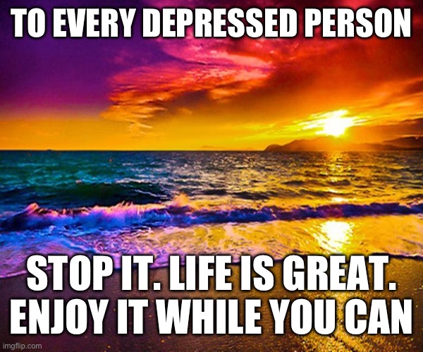 I’m not that naive | TO EVERY DEPRESSED PERSON; STOP IT. LIFE IS GREAT. ENJOY IT WHILE YOU CAN | image tagged in beautiful sunset | made w/ Imgflip meme maker