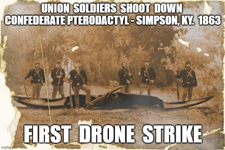 first drone strike | UNION  SOLDIERS  SHOOT  DOWN  CONFEDERATE PTERODACTYL - SIMPSON, KY.  1863; FIRST  DRONE  STRIKE | image tagged in civil war | made w/ Imgflip meme maker