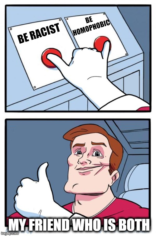 What would you choose | BE HOMOPHOBIC; BE RACIST; MY FRIEND WHO IS BOTH | image tagged in i choose both | made w/ Imgflip meme maker