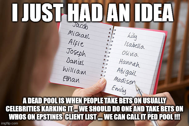 I JUST HAD AN IDEA; A DEAD POOL IS WHEN PEOPLE TAKE BETS ON USUALLY CELEBRITIES KARKING IT ,,, WE SHOULD DO ONE AND TAKE BETS ON WHOS ON EPSTINES  CLIENT LIST ,,,, WE CAN CALL IT PED POOL !!! | made w/ Imgflip meme maker