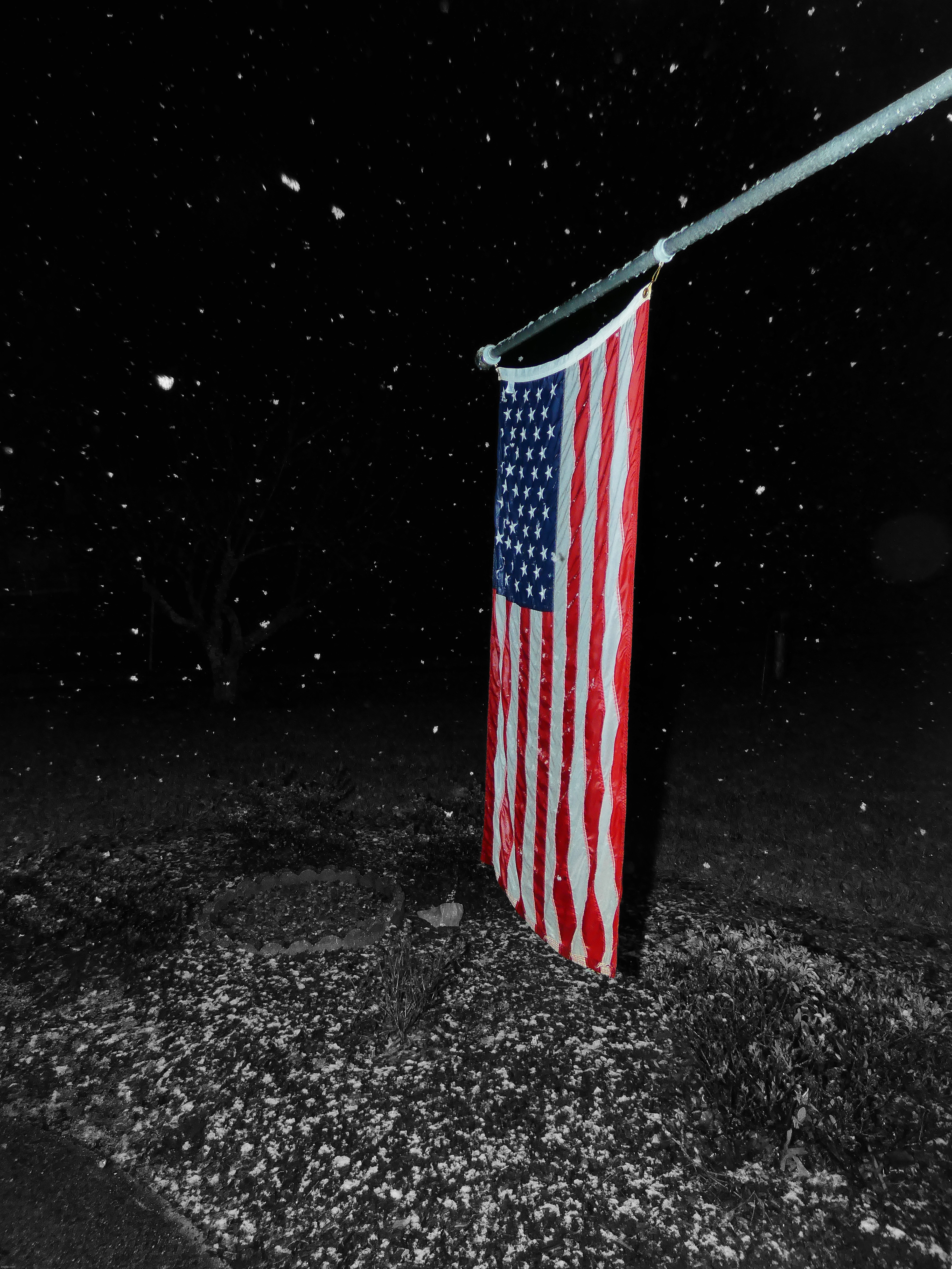 Snowy Flag - photoshopped and taken a week ago. (possible Christmas tree reveal tomorrow) | image tagged in share your own photos | made w/ Imgflip meme maker
