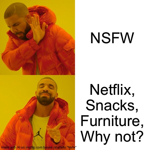Family friendly! | NSFW; Netflix, Snacks, Furniture, Why not? | image tagged in memes,drake hotline bling | made w/ Imgflip meme maker