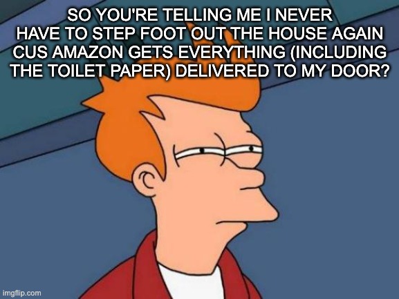 like why did you not say so sooner? | SO YOU'RE TELLING ME I NEVER HAVE TO STEP FOOT OUT THE HOUSE AGAIN CUS AMAZON GETS EVERYTHING (INCLUDING THE TOILET PAPER) DELIVERED TO MY DOOR? | image tagged in memes,futurama fry | made w/ Imgflip meme maker