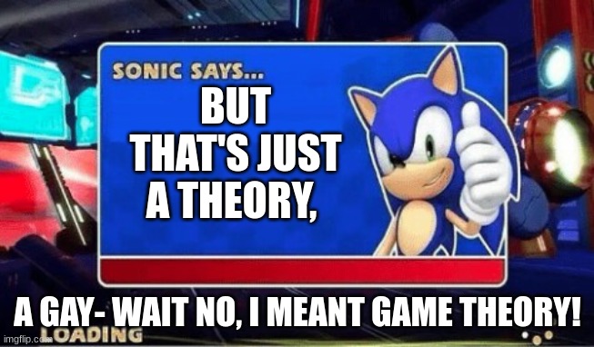 AY YO SONIC, WHAT YOU BEEN DOING | BUT THAT'S JUST A THEORY, A GAY- WAIT NO, I MEANT GAME THEORY! | image tagged in sonic says | made w/ Imgflip meme maker