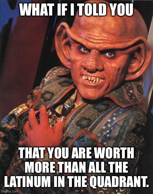 What if I told you… | WHAT IF I TOLD YOU; THAT YOU ARE WORTH MORE THAN ALL THE LATINUM IN THE QUADRANT. | image tagged in quark,what if i told you,latinum | made w/ Imgflip meme maker