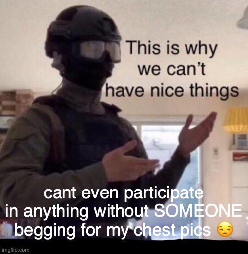 idec if it was a joke u guys are downbad | cant even participate in anything without SOMEONE begging for my chest pics 😒 | image tagged in this is why we can't have nice things | made w/ Imgflip meme maker