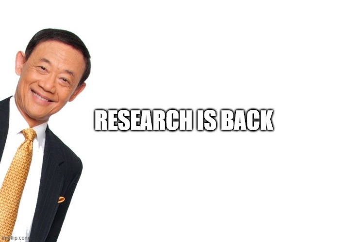 research | RESEARCH IS BACK | image tagged in jose mari chan | made w/ Imgflip meme maker