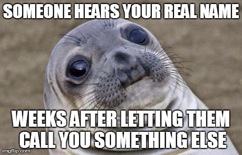 Awkward Moment Sealion Meme | SOMEONE HEARS YOUR REAL NAME WEEKS AFTER LETTING THEM CALL YOU SOMETHING ELSE | image tagged in awkward sealion,AdviceAnimals | made w/ Imgflip meme maker