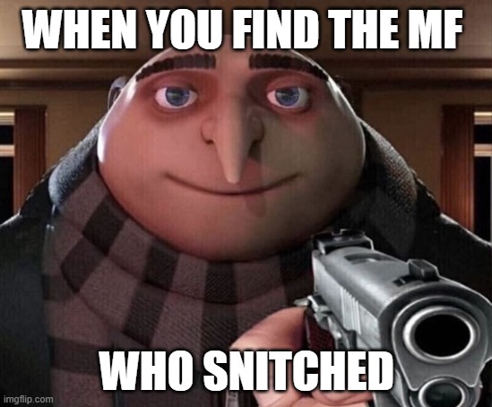 Pp | WHEN YOU FIND THE MF; WHO SNITCHED | image tagged in gru gun,memes,funny memes,fun,funny | made w/ Imgflip meme maker