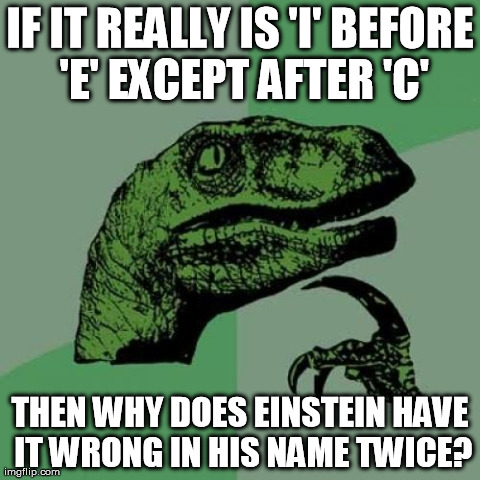 Philosoraptor Meme | IF IT REALLY IS 'I' BEFORE 'E' EXCEPT AFTER 'C' THEN WHY DOES EINSTEIN HAVE IT WRONG IN HIS NAME TWICE? | image tagged in memes,philosoraptor | made w/ Imgflip meme maker