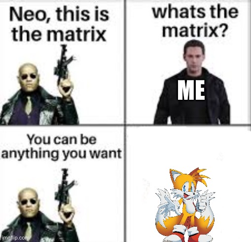 Tails is just my favourite character, i could also just track down and kill animevac with that intelligence | ME | image tagged in neo this is the matrix | made w/ Imgflip meme maker