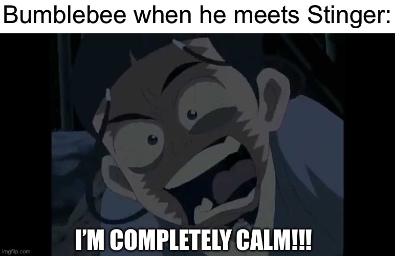 I'm completely calm | Bumblebee when he meets Stinger:; I’M COMPLETELY CALM!!! | image tagged in i'm completely calm,transformers,bumblebee | made w/ Imgflip meme maker