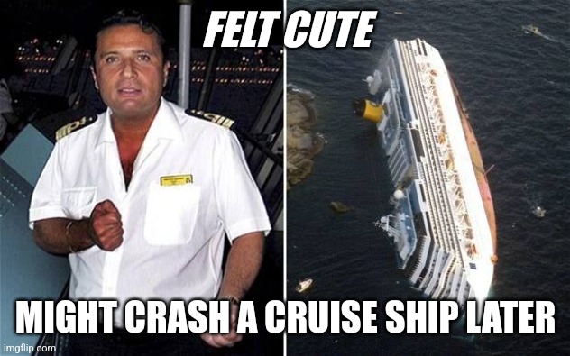 Cruise ship disaster | FELT CUTE; MIGHT CRASH A CRUISE SHIP LATER | image tagged in memes,felt cute,satire,fail,epic fail | made w/ Imgflip meme maker