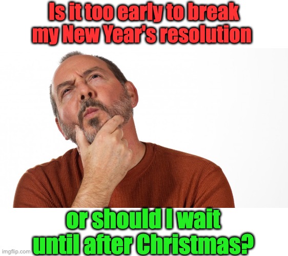 New Year | Is it too early to break my New Year's resolution; or should I wait until after Christmas? | image tagged in hmmm | made w/ Imgflip meme maker