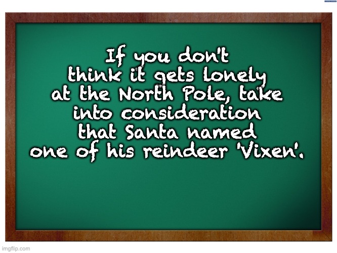 Xmas | If you don't think it gets lonely at the North Pole, take into consideration that Santa named one of his reindeer 'Vixen'. | image tagged in green blank blackboard | made w/ Imgflip meme maker