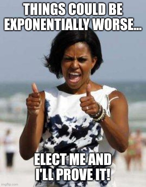 Michelle Obama Approves | THINGS COULD BE EXPONENTIALLY WORSE... ELECT ME AND I'LL PROVE IT! | image tagged in michelle obama approves | made w/ Imgflip meme maker