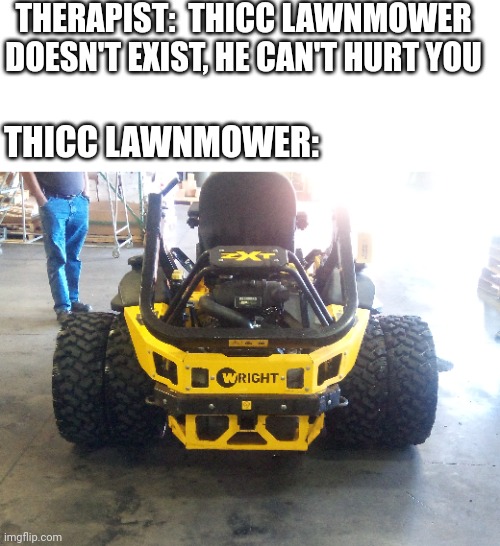 Thicc Lawnmower | THERAPIST:  THICC LAWNMOWER DOESN'T EXIST, HE CAN'T HURT YOU; THICC LAWNMOWER: | image tagged in therapist,therapy,thicc,funny,memes | made w/ Imgflip meme maker