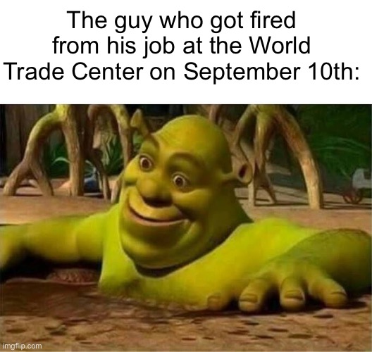 The guy who got fired from his job at the World Trade Center on September 10th: | image tagged in blank white template,shrek | made w/ Imgflip meme maker
