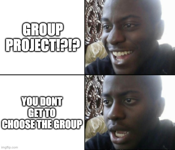 Happy / Shock | GROUP PROJECT!?!? YOU DONT GET TO CHOOSE THE GROUP | image tagged in happy / shock | made w/ Imgflip meme maker