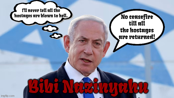 No ceasefire Nazi | No ceasefire till all the hostages are returned! I'll never tell all the hostages are blown to hell. Bibi Nazinyahu | image tagged in bibi,netanyahu,israel,gaza genocide,war criminal,nazi | made w/ Imgflip meme maker