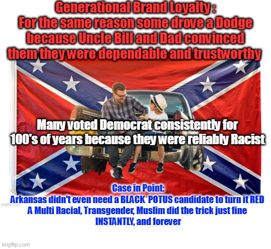 Democrats, and Chrysler have the same problem | Generational Brand Loyalty :
For the same reason some drove a Dodge because Uncle Bill and Dad convinced them they were dependable and trustworthy; Many voted Democrat consistently for 100's of years because they were reliably Racist; Case in Point:
Arkansas didn't even need a BLACK  POTUS candidate to turn it RED 
A Multi Racial, Transgender, Muslim did the trick just fine 
INSTANTLY, and forever | image tagged in generational racist loyalty meme | made w/ Imgflip meme maker