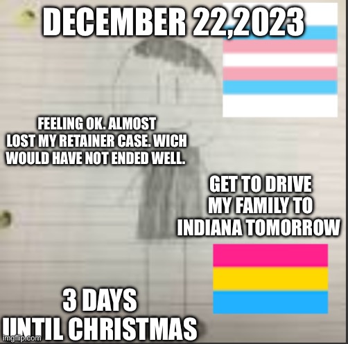Daily announcement December 22 2023 | DECEMBER 22,2023; FEELING OK. ALMOST LOST MY RETAINER CASE. WICH WOULD HAVE NOT ENDED WELL. GET TO DRIVE MY FAMILY TO INDIANA TOMORROW; 3 DAYS UNTIL CHRISTMAS | image tagged in pokechimp announcement | made w/ Imgflip meme maker