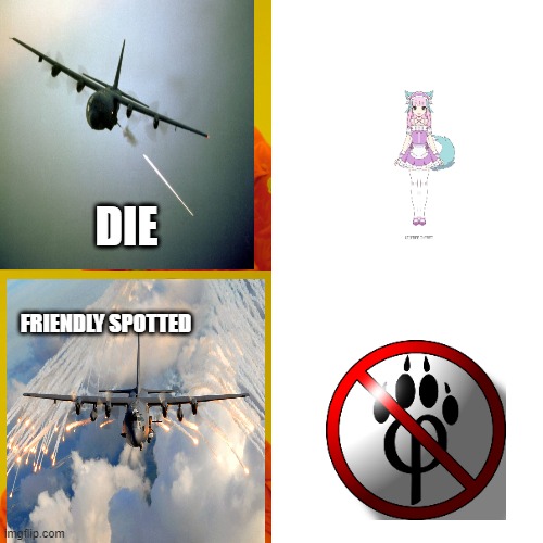 ac 130 furry (no) anti furry (yes) | DIE; FRIENDLY SPOTTED | image tagged in memes,ac 130 | made w/ Imgflip meme maker