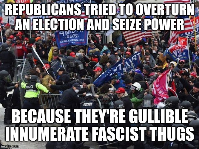 Cop-killer MAGA right wing Capitol Riot January 6th | REPUBLICANS TRIED TO OVERTURN AN ELECTION AND SEIZE POWER BECAUSE THEY'RE GULLIBLE INNUMERATE FASCIST THUGS | image tagged in cop-killer maga right wing capitol riot january 6th | made w/ Imgflip meme maker