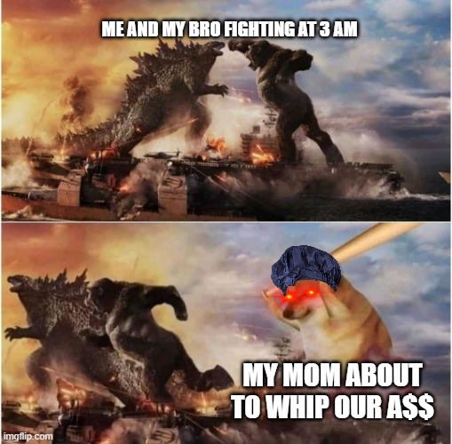 Kong Godzilla Doge | ME AND MY BRO FIGHTING AT 3 AM; MY MOM ABOUT TO WHIP OUR A$$ | image tagged in kong godzilla doge | made w/ Imgflip meme maker