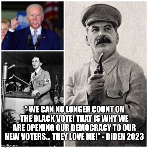 Biden’s truth | “ WE CAN NO LONGER COUNT ON THE BLACK VOTE! THAT IS WHY WE ARE OPENING OUR DEMOCRACY TO OUR NEW VOTERS… THEY LOVE ME!” - BIDEN 2023 | image tagged in joe knows,memes,democrats | made w/ Imgflip meme maker