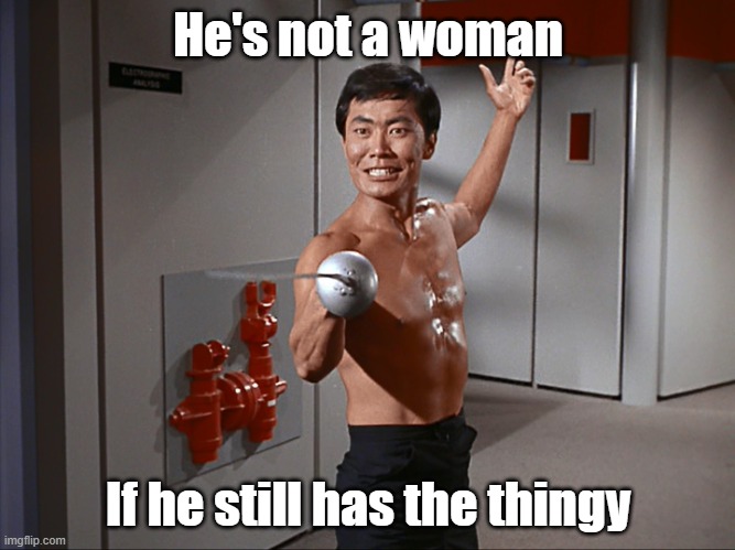 Sulu sword | He's not a woman; If he still has the thingy | image tagged in sulu sword | made w/ Imgflip meme maker