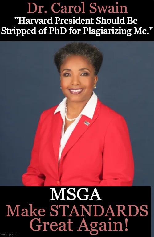 No 'do over' for plagiarism!  Dr. Swain is a brilliant scholar. Dr. Gay is a plagiarist & imposter. | Dr. Carol Swain; "Harvard President Should Be 
Stripped of PhD for Plagiarizing Me."; MSGA; Make STANDARDS; Great Again! | image tagged in politics,professionals have standards,plagiarism,imposter,phd,standards | made w/ Imgflip meme maker