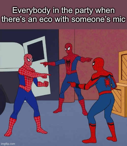 Spider Man Triple | Everybody in the party when there’s an eco with someone’s mic | image tagged in spider man triple | made w/ Imgflip meme maker