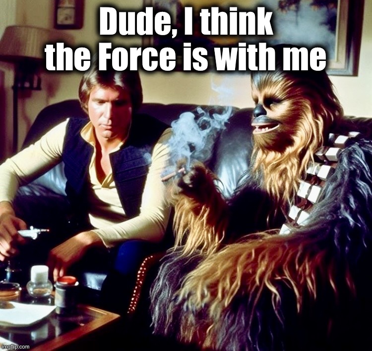 Chewhigh | Dude, I think
the Force is with me | image tagged in han and chewie,star wars,memes,420,smoking weed,may the force be with you | made w/ Imgflip meme maker