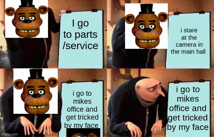 Fnaf 2 meme | I go to parts /service; i stare at the camera in the main hall; i go to mikes office and get tricked by my face; i go to mikes office and get tricked by my face | image tagged in memes,gru's plan | made w/ Imgflip meme maker