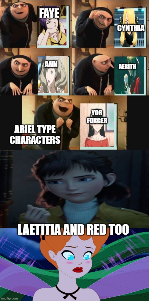 ariel type characters | FAYE; CYNTHIA; AERITH; ANN; YOR FORGER; ARIEL TYPE CHARACTERS; LAETITIA AND RED TOO | image tagged in 5 panel gru meme,tammyfaye,ariel,persona 5,final fantasy 7,spy x family | made w/ Imgflip meme maker