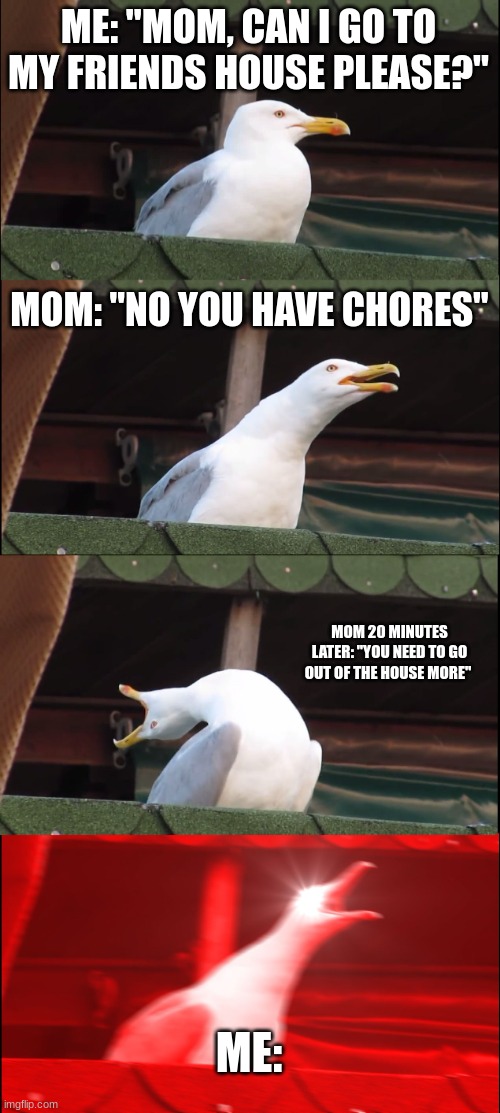 Title | ME: "MOM, CAN I GO TO MY FRIENDS HOUSE PLEASE?"; MOM: "NO YOU HAVE CHORES"; MOM 20 MINUTES LATER: "YOU NEED TO GO OUT OF THE HOUSE MORE"; ME: | image tagged in memes,inhaling seagull | made w/ Imgflip meme maker